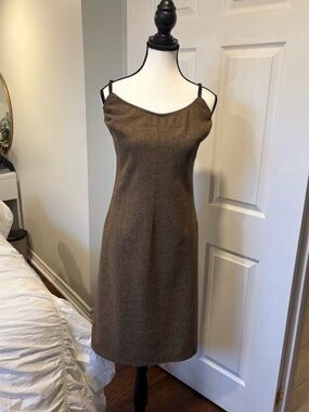 Benetton Wool Blend Brown Herringbone Slip Dress M 90s Quiet Luxury